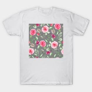 Red Roses on Grey  | Watercolor | Pattern | Grey T-Shirt